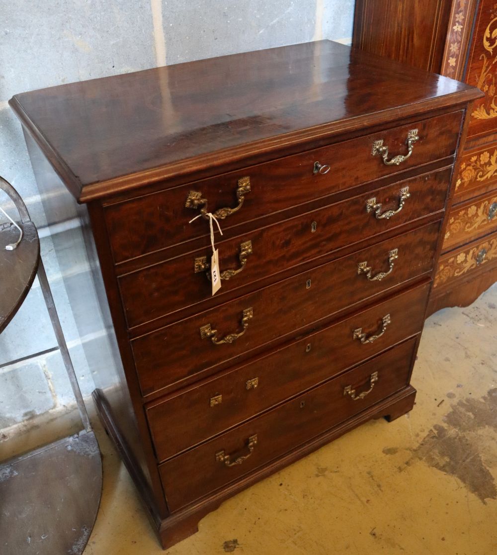 A George III style cross banded mahogany secretaire chest of drawers, width 81cm, depth 49cm, height 95cm